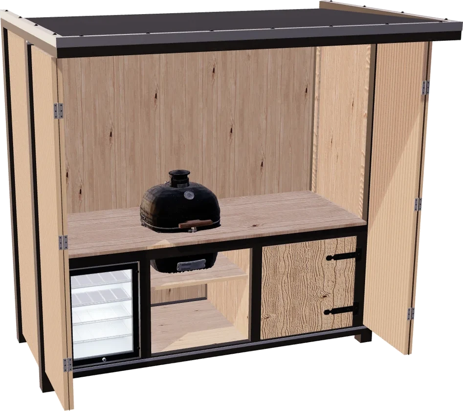 Weergave uit de configurator van een buitenkeuken van douglashout met openslaande zijdeuren, een kamado-barbecue op het werkblad, een glazen koelkastje en een kastdeur eronder
