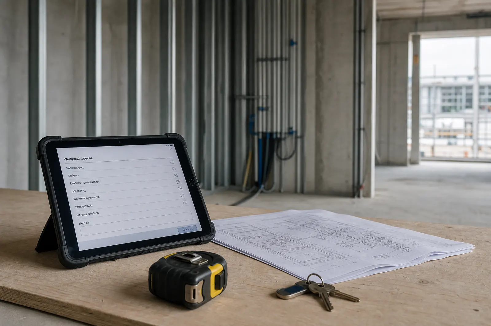 Tablet met een digitale werkplekinspectie naast een bouwtekening op de bouwplaats.