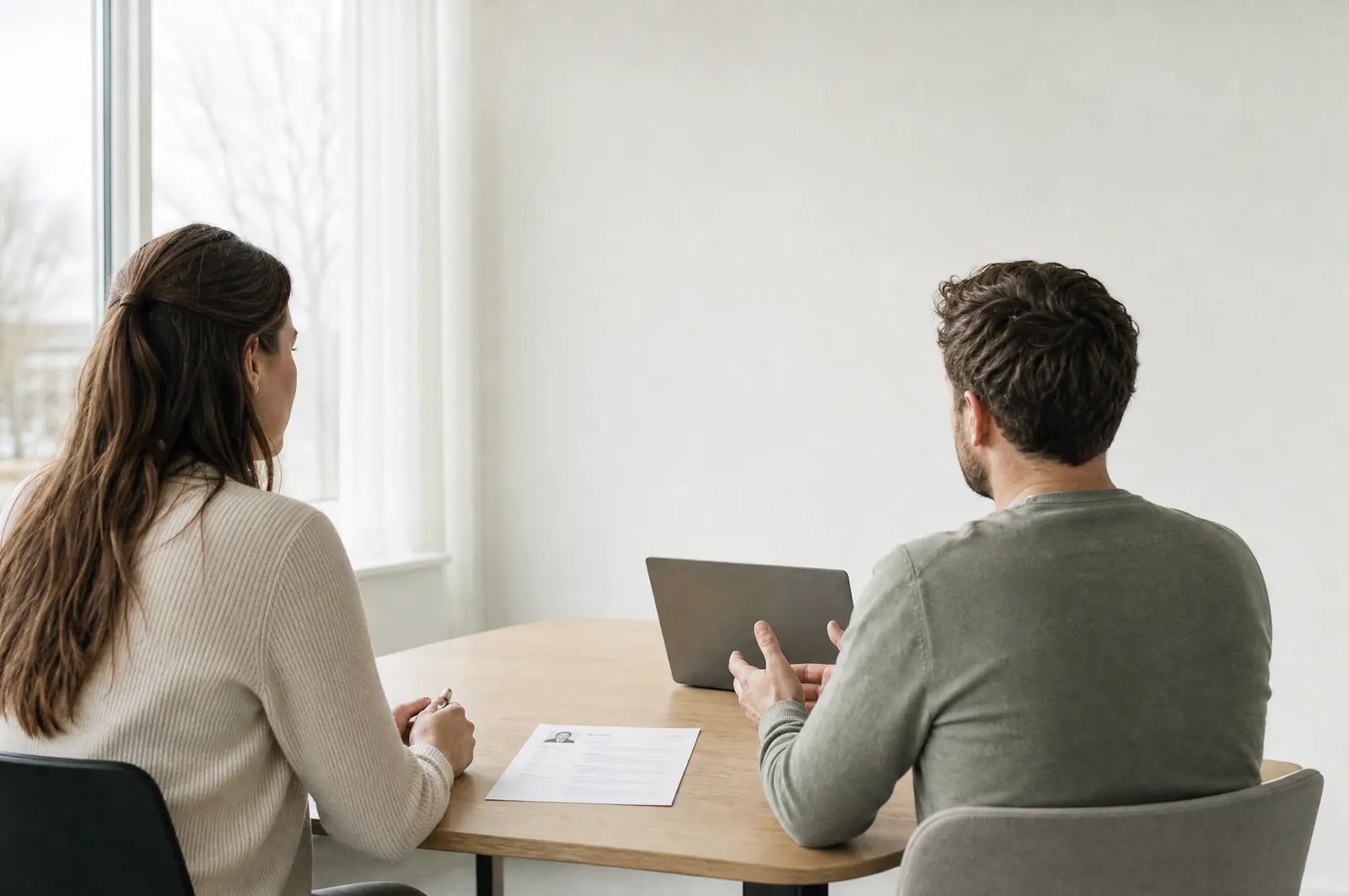 Recruiter en kandidaat aan tafel tijdens een intakegesprek, met een cv en een laptop.