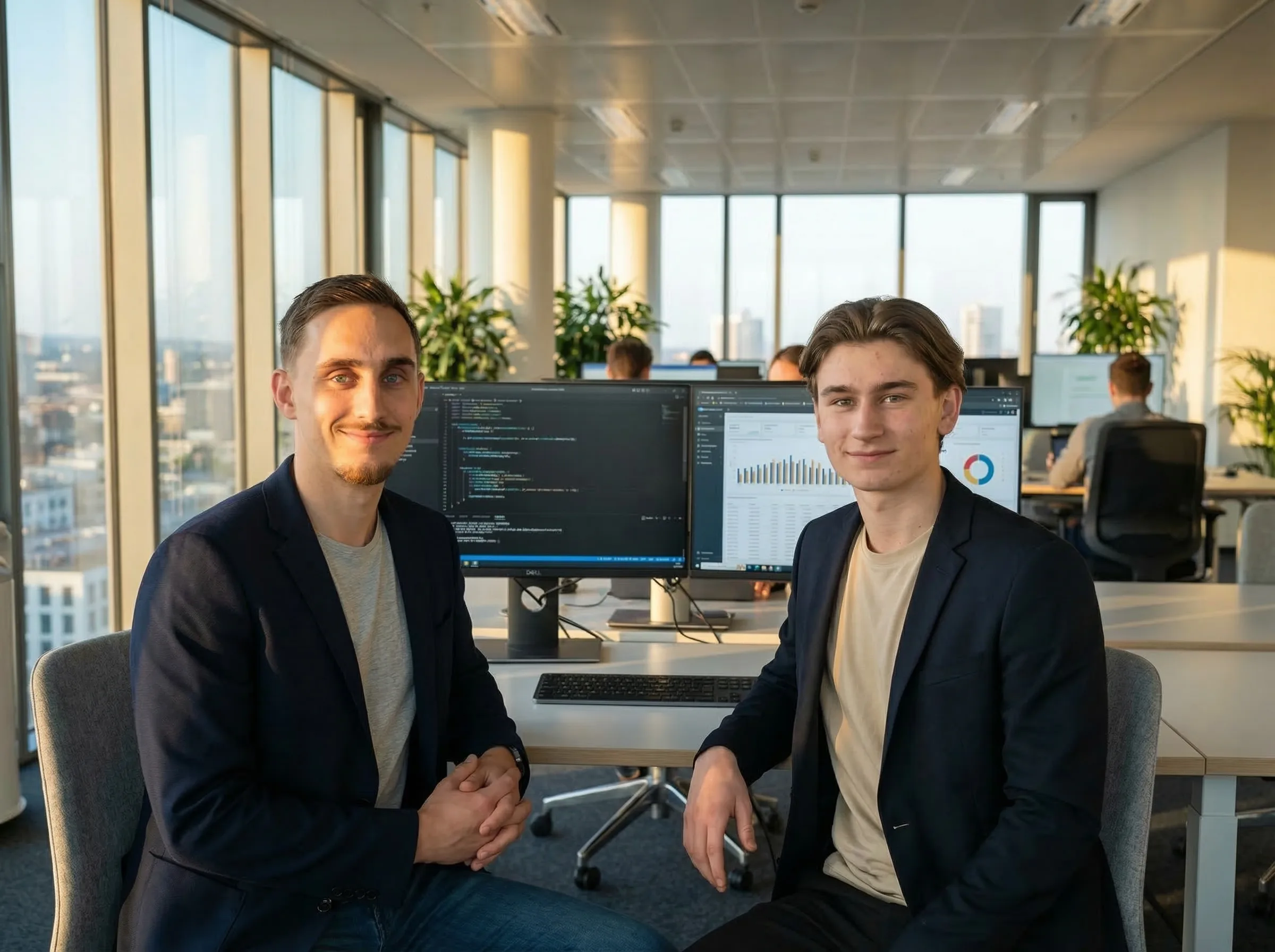 Luis Gravestein en Rick Verhoeven, oprichters van Root & Logic, in hun kantoor in Eindhoven